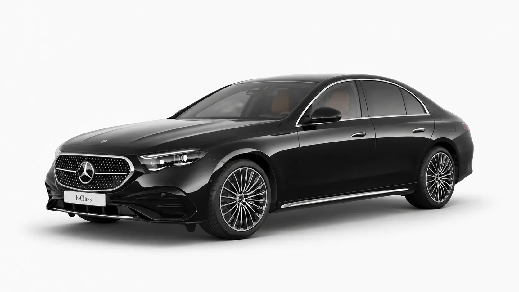 Black 2026 Mercedes-Benz E-Class in a front three-quarter studio view — Business Class, chauffeur-driven fleet