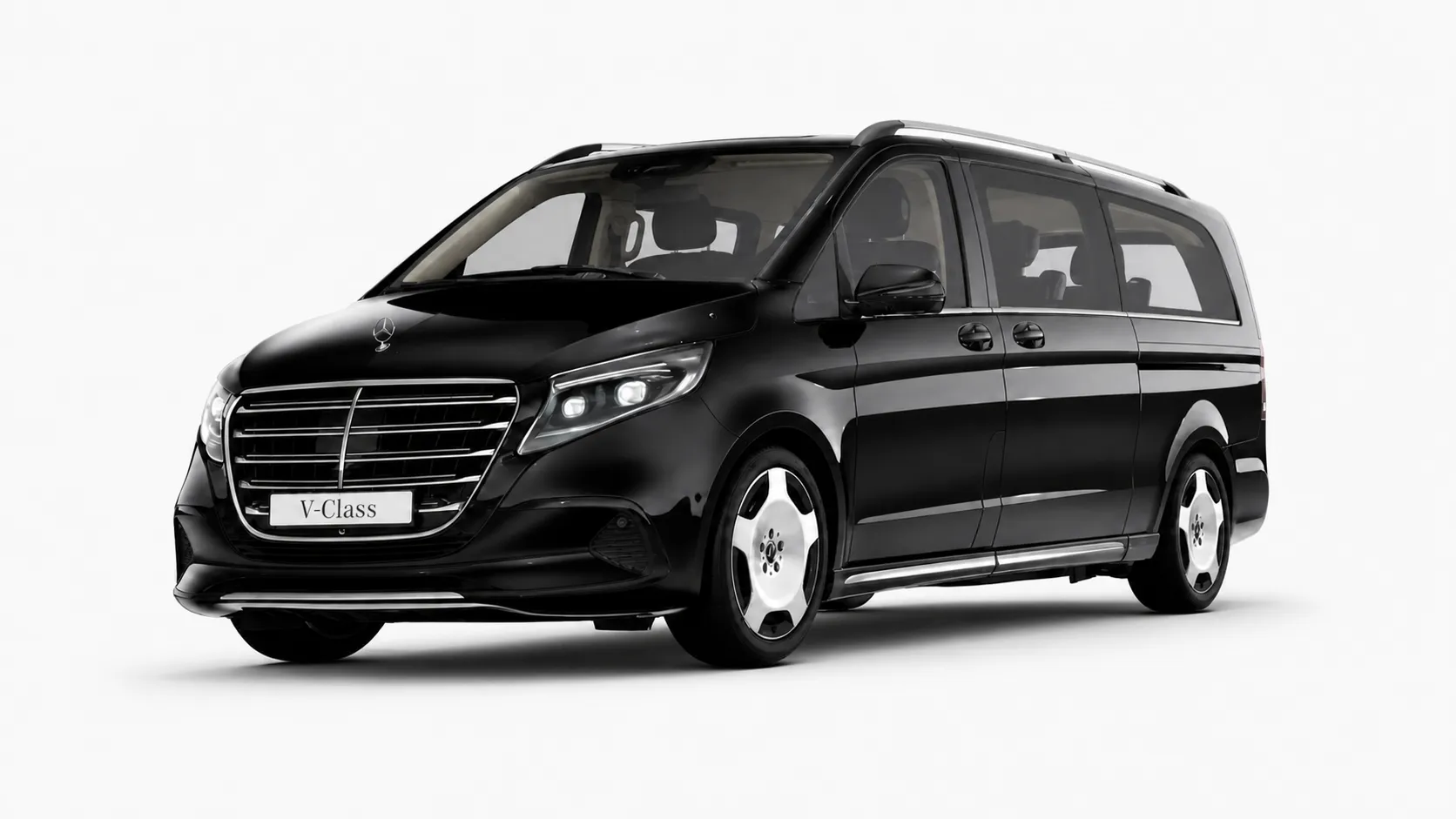 Black 2026 Mercedes-Benz V-Class in a front three-quarter studio view — Business Van, chauffeur-driven fleet