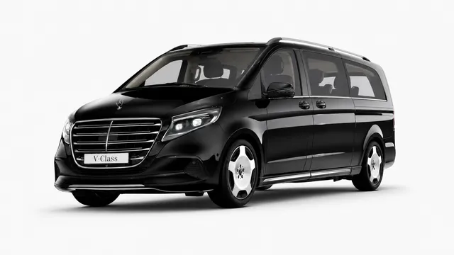 Black 2026 Mercedes-Benz V-Class in a front three-quarter studio view — Business Van, chauffeur-driven fleet