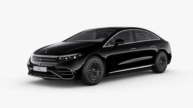 Black 2026 Mercedes-Benz EQS in a front three-quarter studio view — Electric Class, chauffeur-driven fleet