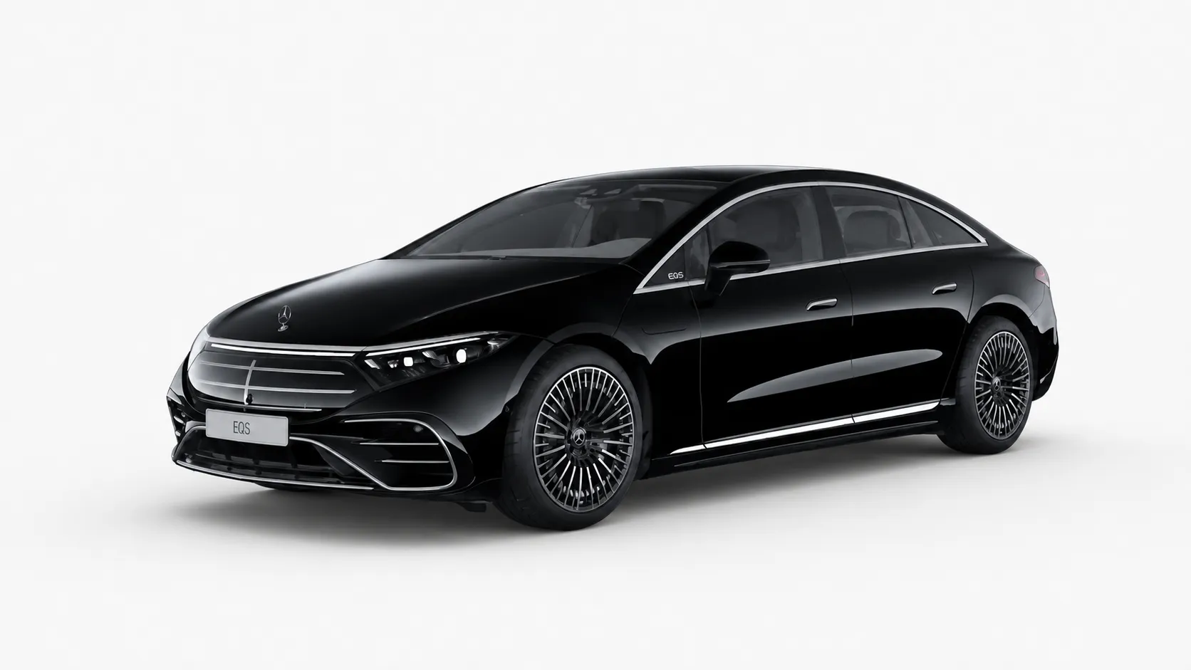Black 2026 Mercedes-Benz EQS in a front three-quarter studio view — Electric Class, chauffeur-driven fleet